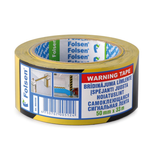 Līmlente Folsen, PVC, 50mmx33m, melna/dzeltena