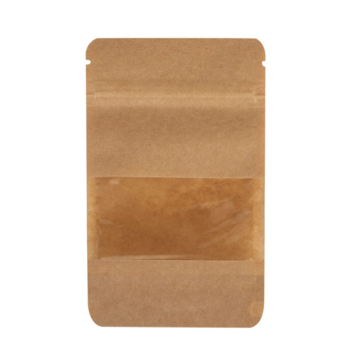Papīra maisi doypack ar lodziņu, 85+50x145mm, 100ml, ar zip-lock aizdari, brūni, iepakojumā 100gab.