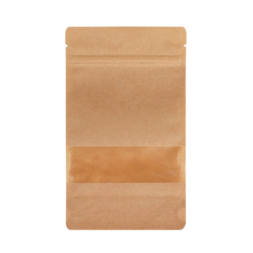 Papīra maisi doypack ar lodziņu, 130+80x225mm, 500ml, ar zip-lock aizdari, brūni, iepakojumā 100gab.