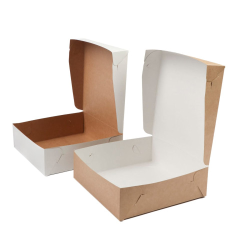 Kartona konteiners ar atlokāmu vāku, 205x205x65mm, balts/brūns, iepakojumā 100gab.